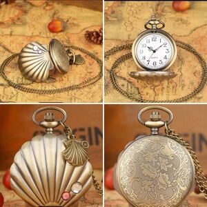 Pocket Watch w/ Chain - Antique style Mermaid Shell (New)